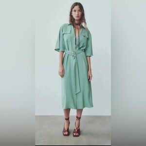 Zara Sea Green Sage Gold Buttoned Midi Dress with Belt - NWOT